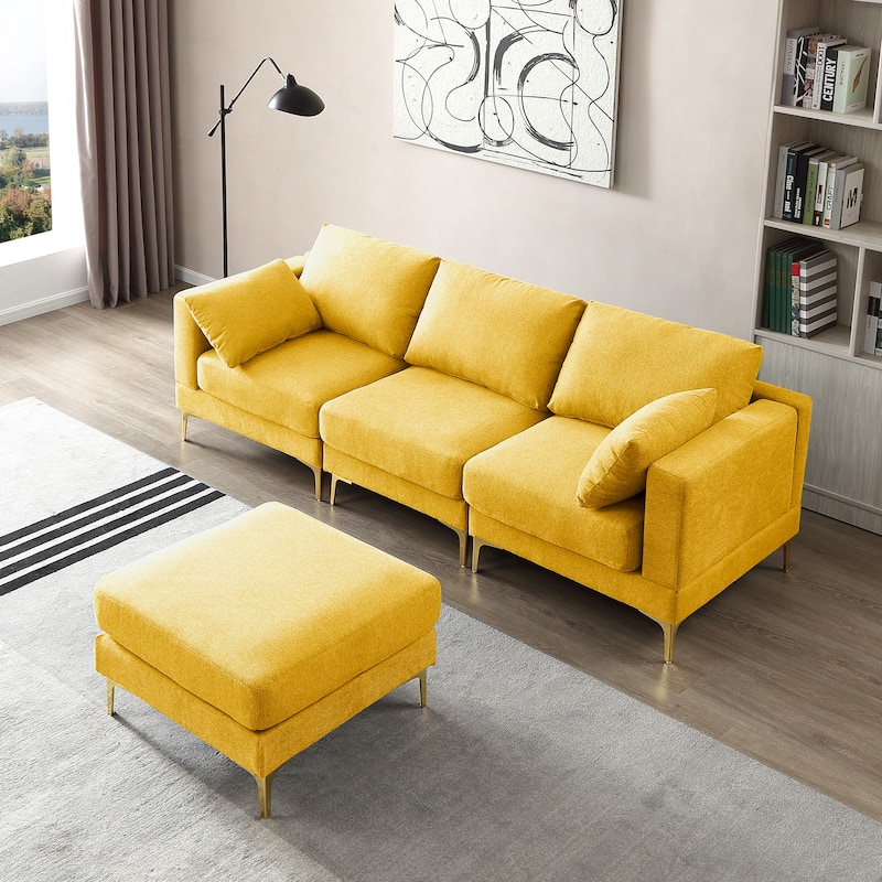 92'' Modern Turquoise L-Shaped 3 Seat Sofa with Ottoman, 2 Pillows, Gold Metal Legs, and Polyester Upholstery