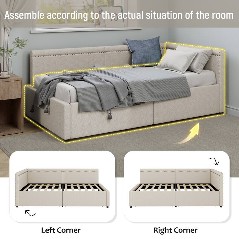 Twin Size Corner Daybed Linen Upholstered Bed Frame with Nailhead Trim, L Shape Sofa Bed with 2 Drawers Storage Bed - Beige - Twin