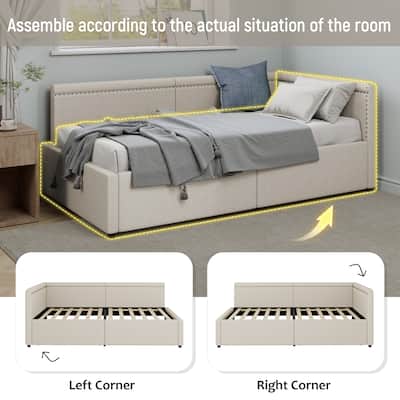 Twin Size Corner Daybed Linen Upholstered Bed Frame with Nailhead Trim, L Shape Sofa Bed with 2 Drawers Storage Bed