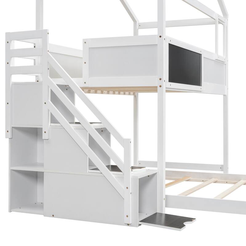 Twin Over Full Bunk Bed with Storage Staircase, Blackboard, and House Design