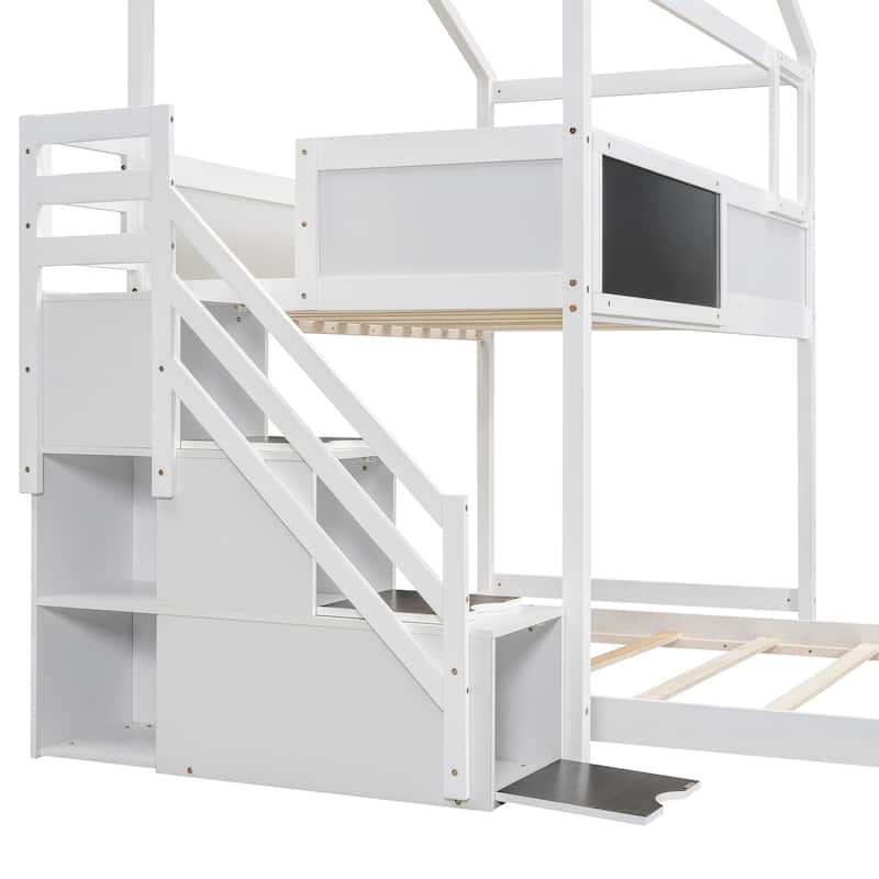 Twin over Full House Bunk Bed with Storage Staircase and Blackboard,Gray(Old SKU: GX001701AAE)