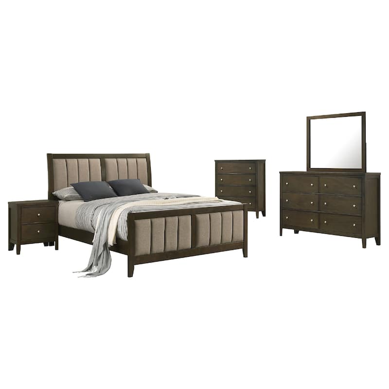 WIly 5 Piece Queen Bedroom Set, Dark Brown, Beige Upholstery, Nickel