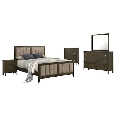 WIly 5 Piece Queen Bedroom Set, Dark Brown, Beige Upholstery, Nickel