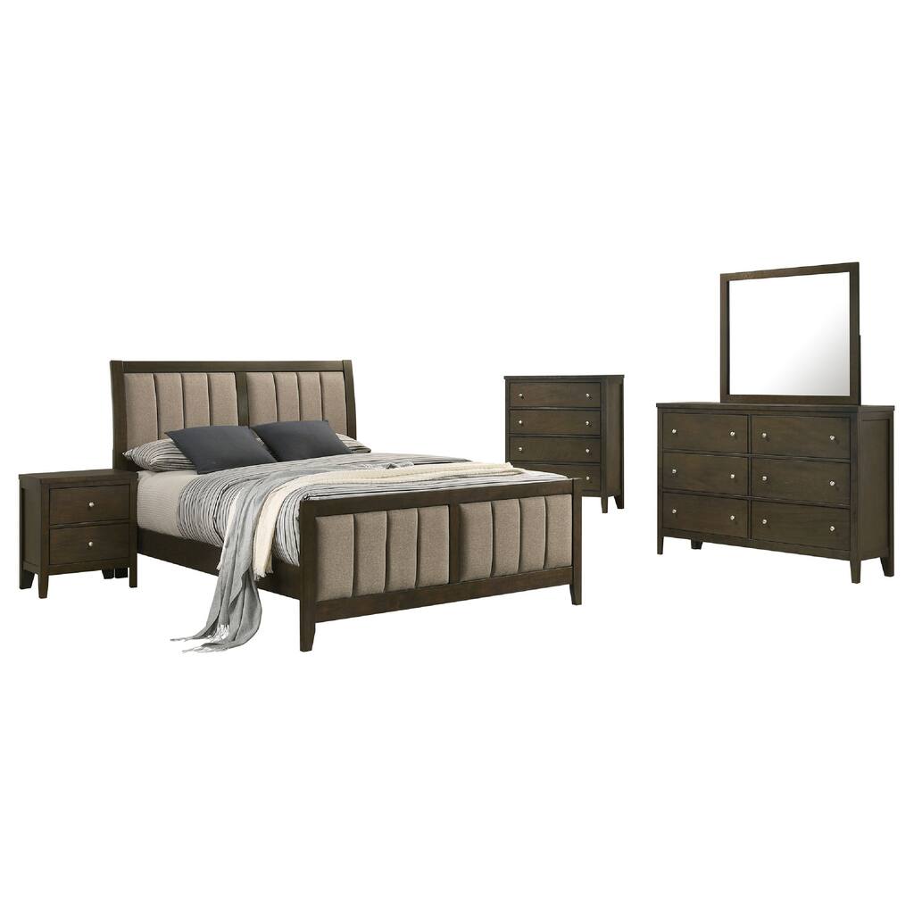 WIly 5 Piece Queen Bedroom Set, Dark Brown, Beige Upholstery, Nickel