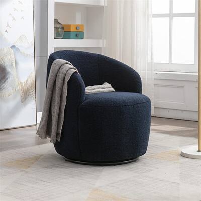 Swviel Barrel Living Room, Teddy Fabric Leisure Accent, Swivel Chair, Dark Blue with 360° Swivel