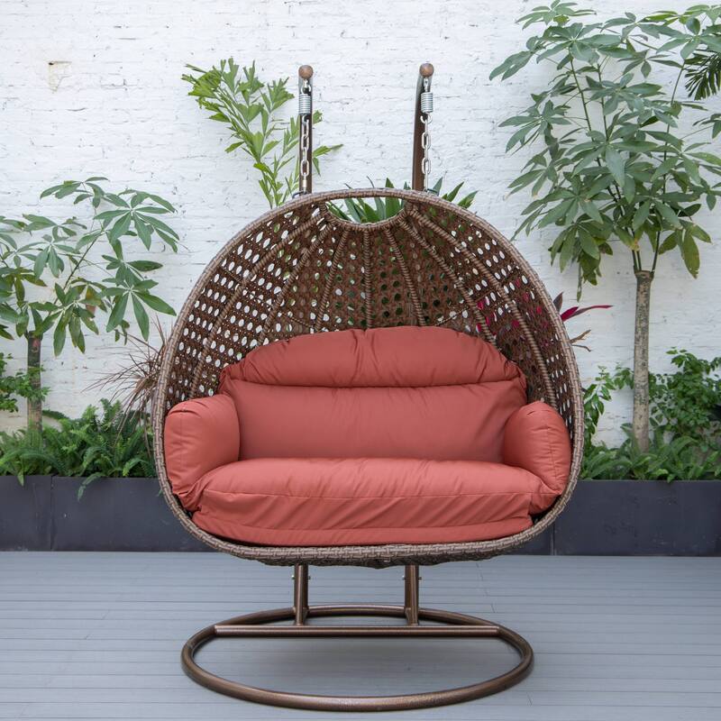 LeisureMod Mendoza Dark Brown 2 Seater Wicker Patio Hanging Double Swing Chair for Patio Porch Backyard Garden - 53"