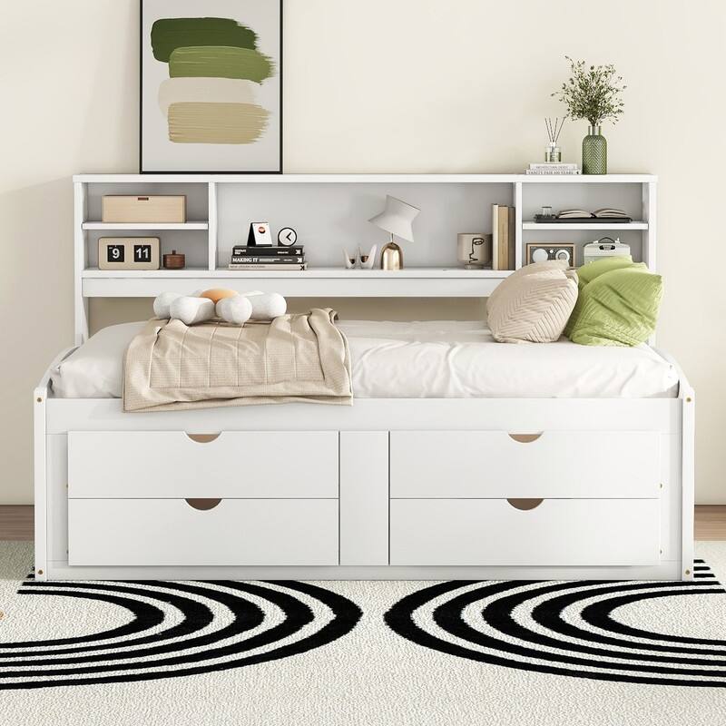 Wood Full Size Daybed with 2 Bedside Cabinets, Upper Shelves and 4 Drawers