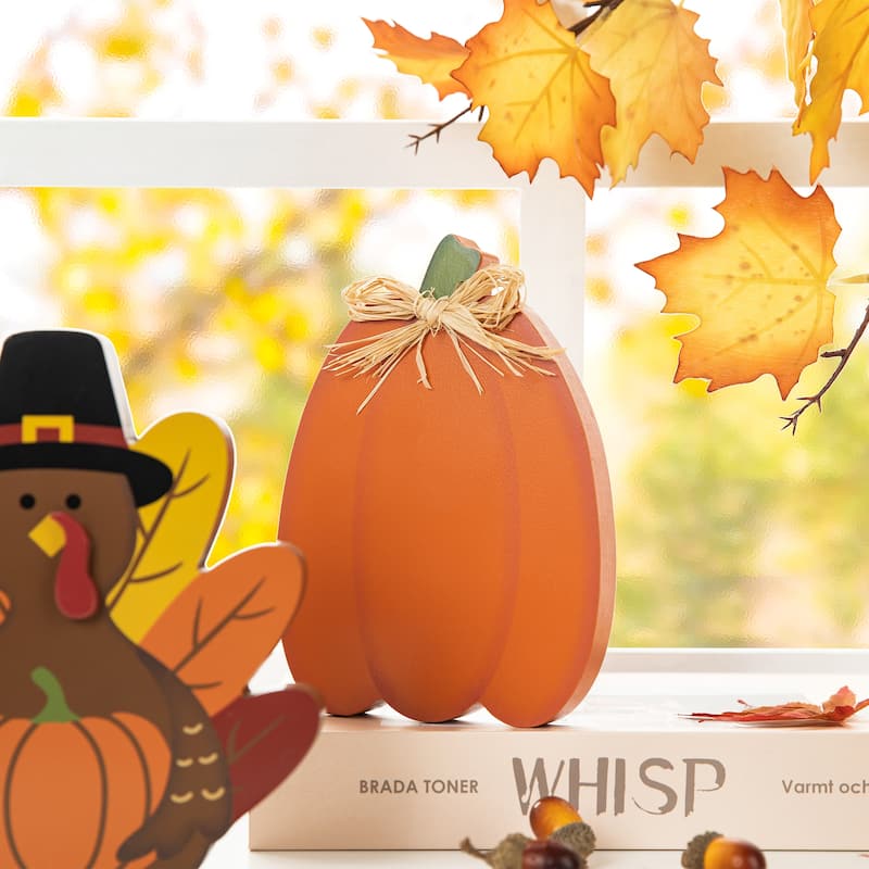 Glitzhome 7"H Set of 3 Thanksgiving Wooden Pumpkin, Turkey & Croissant Table Decor