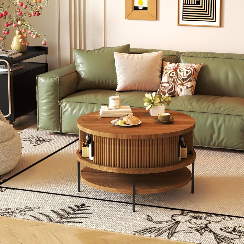 Flip-Top Round Coffee Table with Storage for Living Room, 31.5" Farmhouse Style Center Table with Sliding Doors