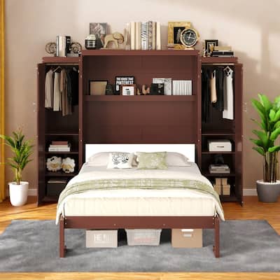 Full Size Murphy Bed with 2 Wardrobes and Shelves,Solid Wood Construction, Fold-Down Design