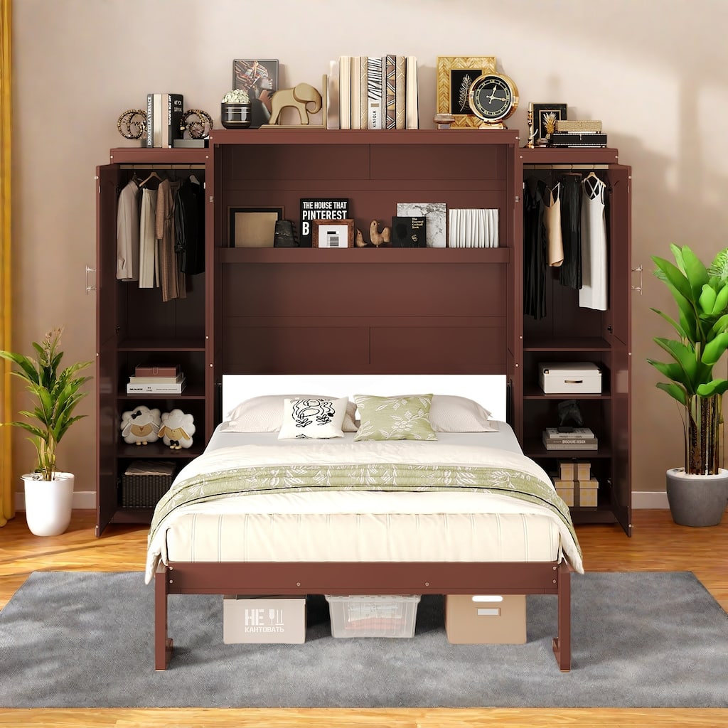 Full Size Murphy Bed with 2 Wardrobes and Shelves,Solid Wood Construction, Fold-Down Design