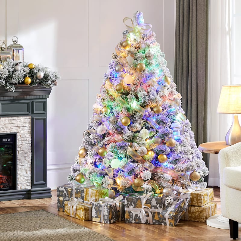 Yaheetech Pre-lit 4.5ft/6ft/7/5ft/9ft Flocked Artificial Christmas Tree with Foldable Stand, Green - 4.5 Foot
