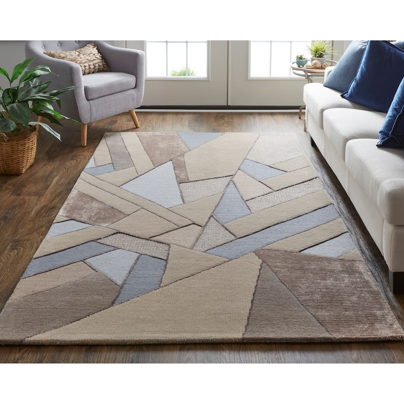 Cutlor Tufted Graphic Wool Rug, Tan/Gray/Cool Blue, Area Rug