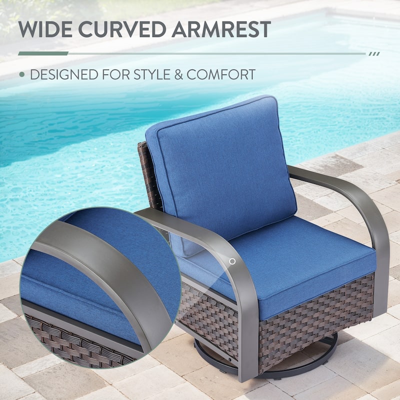 5 Pieces Patio Swivel Chair with Fire Pit Table - Blue Cushion - Brown