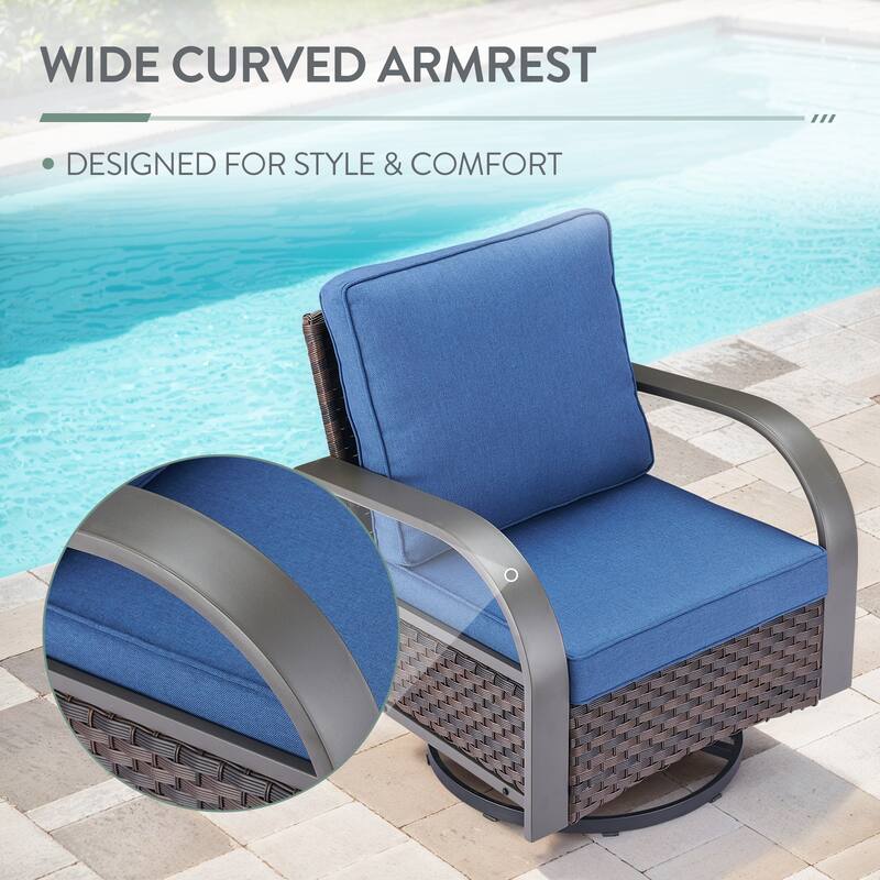 5 Pieces Sofa Swivel Rocker Glider Chairs with Ottomans - Blue Cushion - Brown