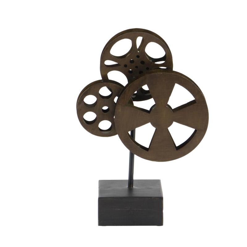 Metal Film Reel Decorative Sculpture with Elevated Block Base - Bronze - Roche River Decor