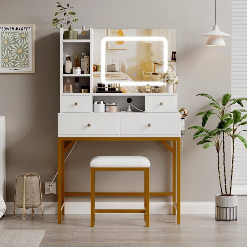 Makeup Vanity with Mirror and LED Lights, Charging Station, 4 Drawers, Shelves, Stool - White