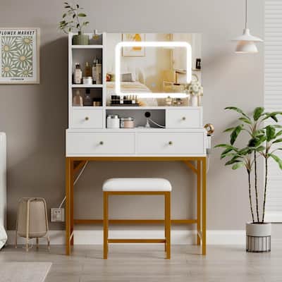 Makeup Vanity with Mirror and LED Lights, Charging Station, 4 Drawers, Shelves, Stool
