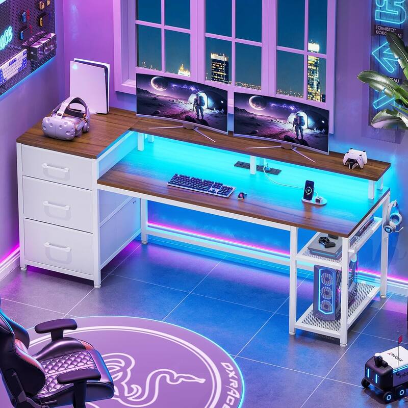 Office Desk 3 Fabric Drawers Computer Desk LED Lights & Power Outlet