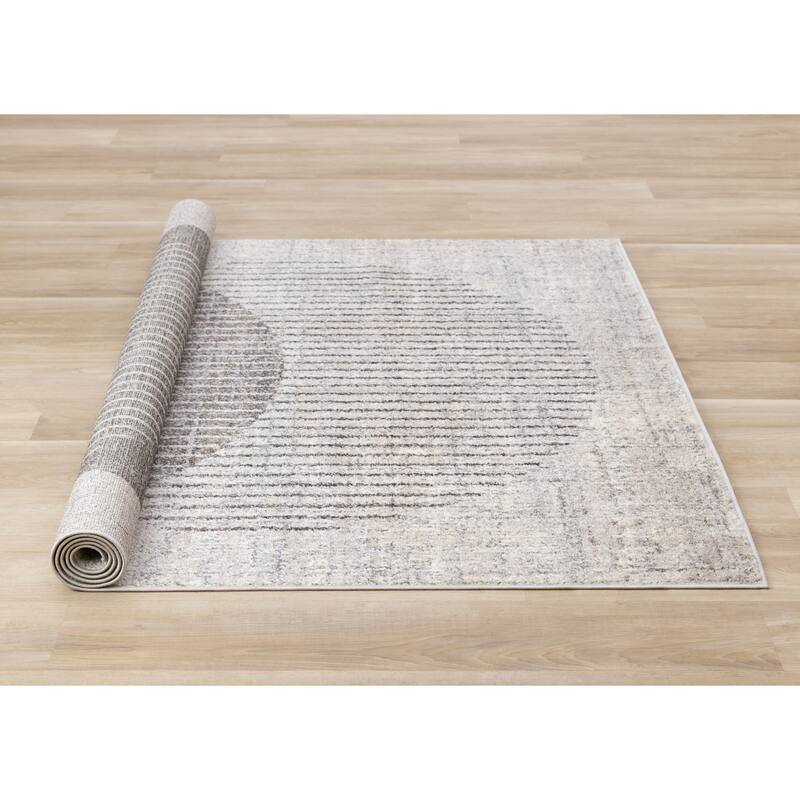 Solace Collection - Soft Low-Pile Grey White Merging Circles Area Rug