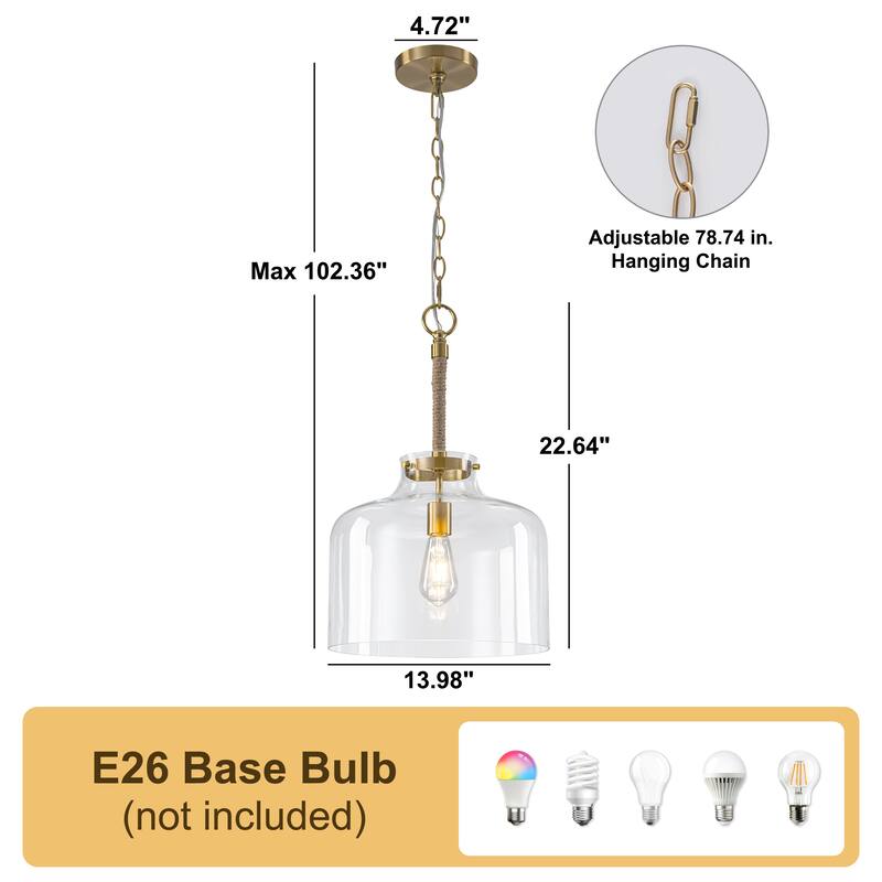Starsky 1-Light Clear Glass Bell Jar / Cloche Pendant With Rope Accent