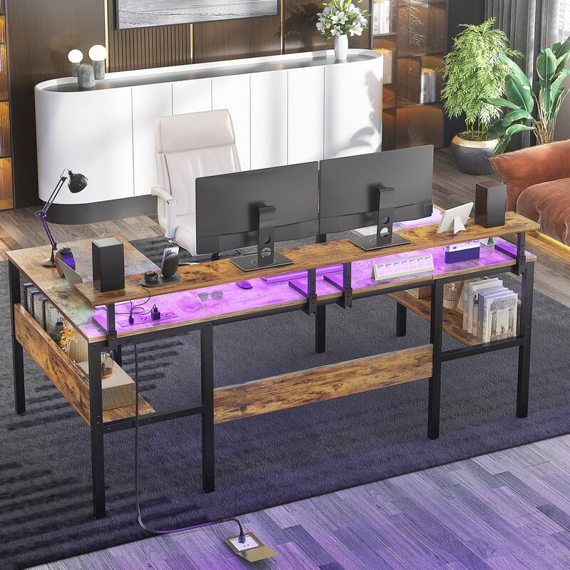 U-Shape Reversible Gaming Desk Monitor Computer Table with USB Ports and LED Lights