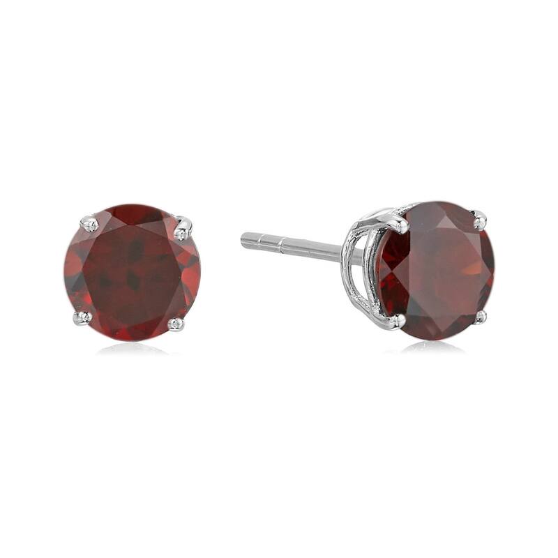 Sterling Silver Round 6mm Gemstone Birthstone Stud Earrings - Red - Garnet