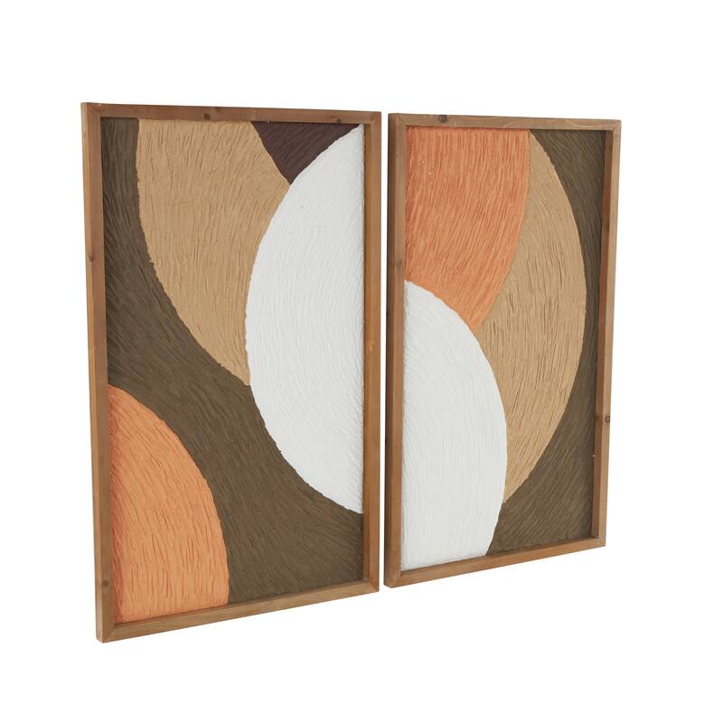 Brown Wood Overlapping Circles Abstract Home Wall Decor with Orange and White Accents (Set of 2)
