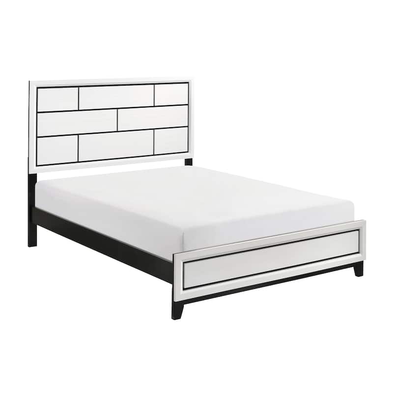 Full Size Wood Panel Bed with Line Design and Headboard - White