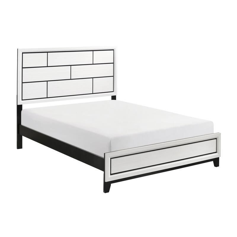 King Size Wood Panel Bed with Black Line Design and Upholstered Headboard - White