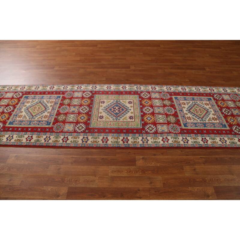 Red Traditional Geometric Kazak Oriental Wool Runner Rug Hand-knotted - 2'9" x 9'9"