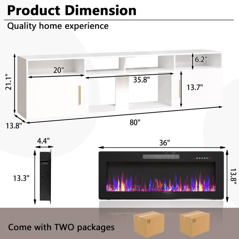 BOSSIN 80" Floating TV Stand with 36" Electric Fireplace, High Gloss Finish Wall Mounted Fireplace TV Stand with Storage