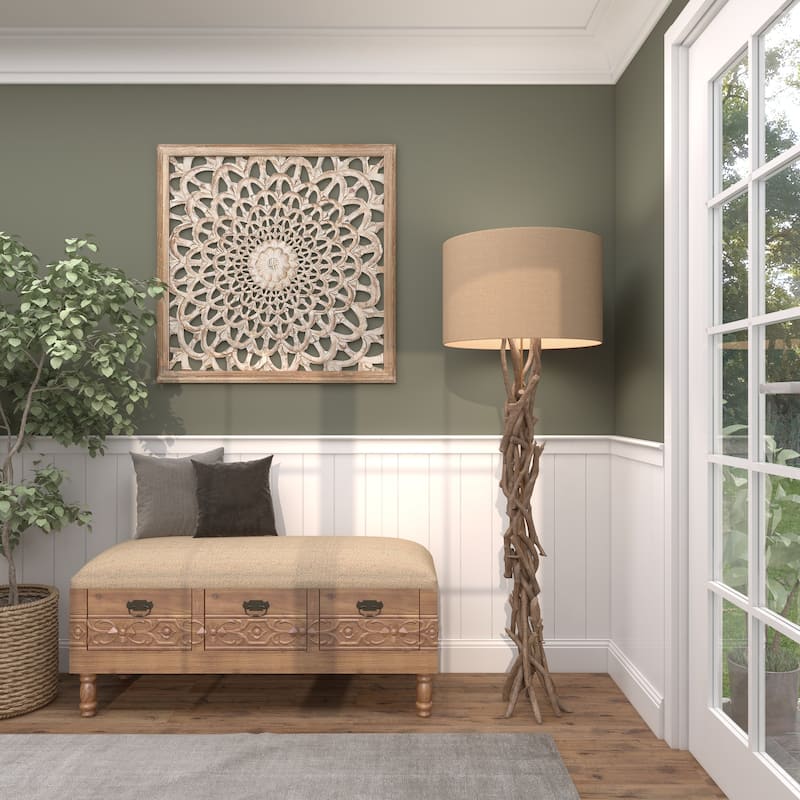 Driftwood Handmade Room Floor Lamp with Beige Linen Shade - Light Brown - Roche River Decor
