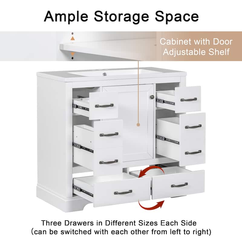 36" Bathroom Vanity with Sink Combo, 6 Drawers, Adjustable Shelf