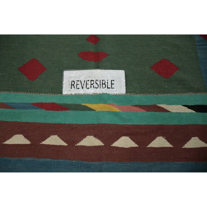 Hand Woven Oriental 100% Wool Carpet Southwestern Modern Green Kilim Area Rug - 11' 11'' X 5' 0''