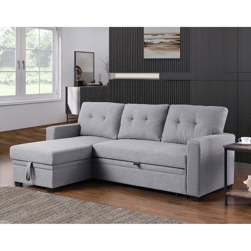Pull-out Upholstered Sectional Sofa with Storage Chaise & Removable Cushions - Light Grey