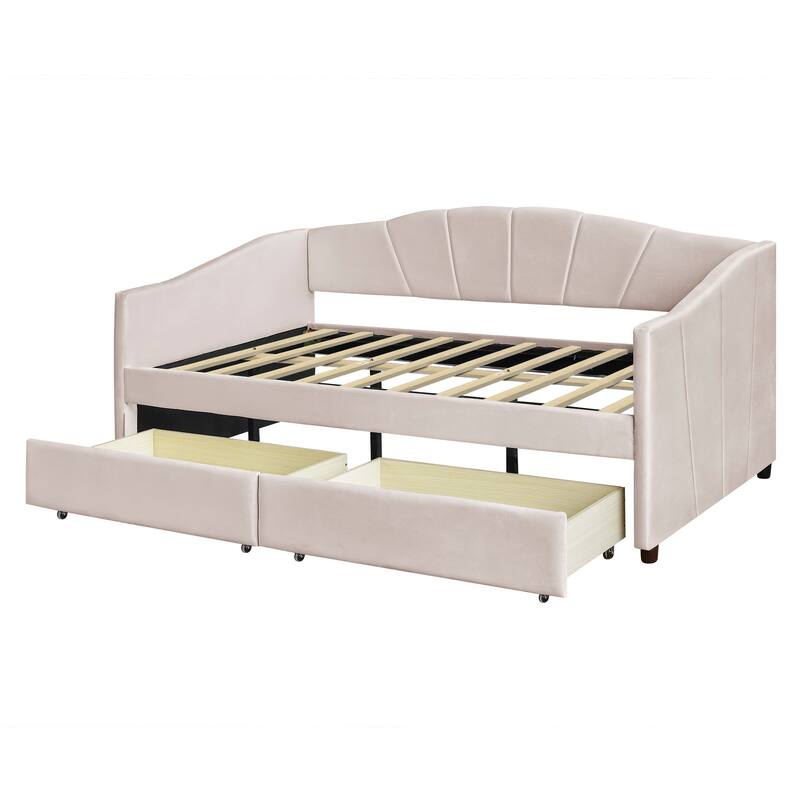 Upholstered Twin Size Daybed with Two Drawers, Solid Wood Kids Daybed Frame Velvet Sofa Bed for Bedroom Living Room Guest Room