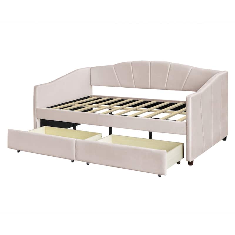 Velvet Upholstered Platform Bed with Storage, Twin Daybed Lounge Chaise Sofa Bed with with Solid Wood Frame and Wooden Slats