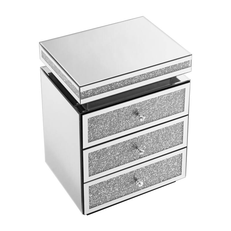 Mirrored Nightstand with Drawers, Couch Side Table with Crystal Pulls, Living Room Side Table with Crushed Decorate