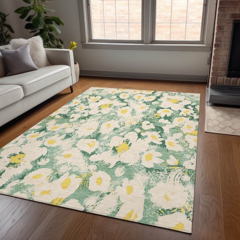 Machine Washable Indoor/ Outdoor Modern Daisy Chantille Rug - Green - 5' x 7'6"