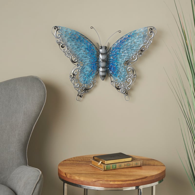 Iron Metal Eclectic Butterfly Wall Decor in Blue, Purple, or Green (16" H X 21" W)
