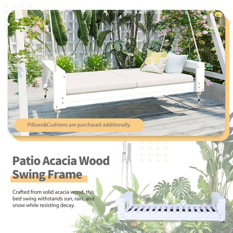 Patio Twin Size Porch Swing Bed Seating with Hemp Ropes - White
