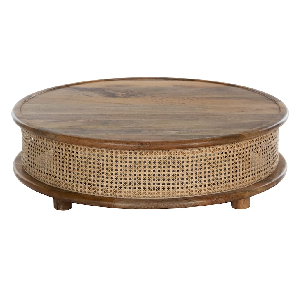Round Mango Wood Coffee Table with Cane Webbing - 36" Natural Finish, Low-Profile, Pre-Assembled