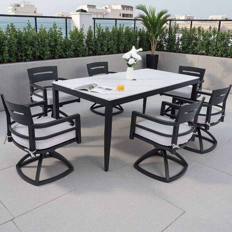 7-Piece Outdoor Patio Aluminum Dining Set with Marble-pattern Tabletop, 6 Swivel Rocker Chairs, and Umbrella Hole - White+Black