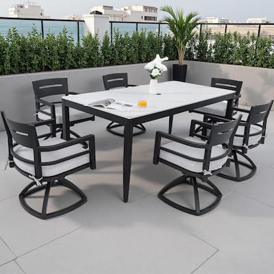 7-Piece Outdoor Patio Aluminum Dining Set with Marble-pattern Tabletop, 6 Swivel Rocker Chairs, and Umbrella Hole