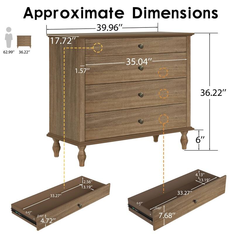 Large 4-Drawer Wood Dresser with Solid Wood Feet, Brown Finish & Metal Knobs, Antique Storage Chest