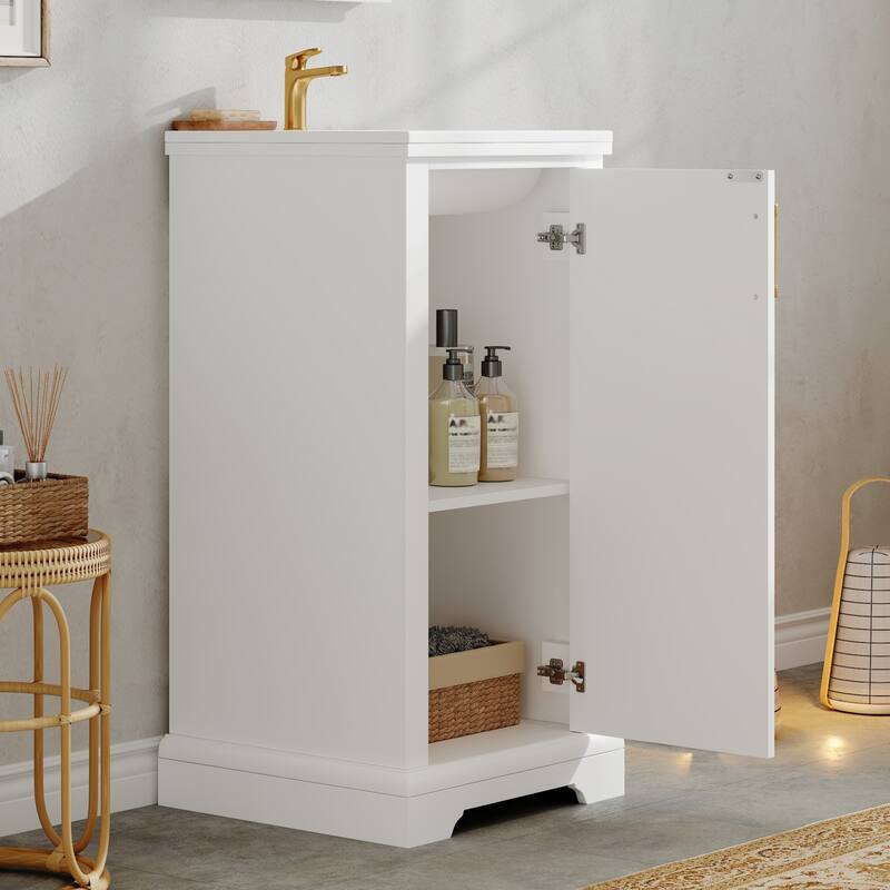 16" Small White Bathroom Vanity with Ceramic Sink, Freestanding Single Sink Bathroom Cabinet with Soft Closing Door - 16 Inch