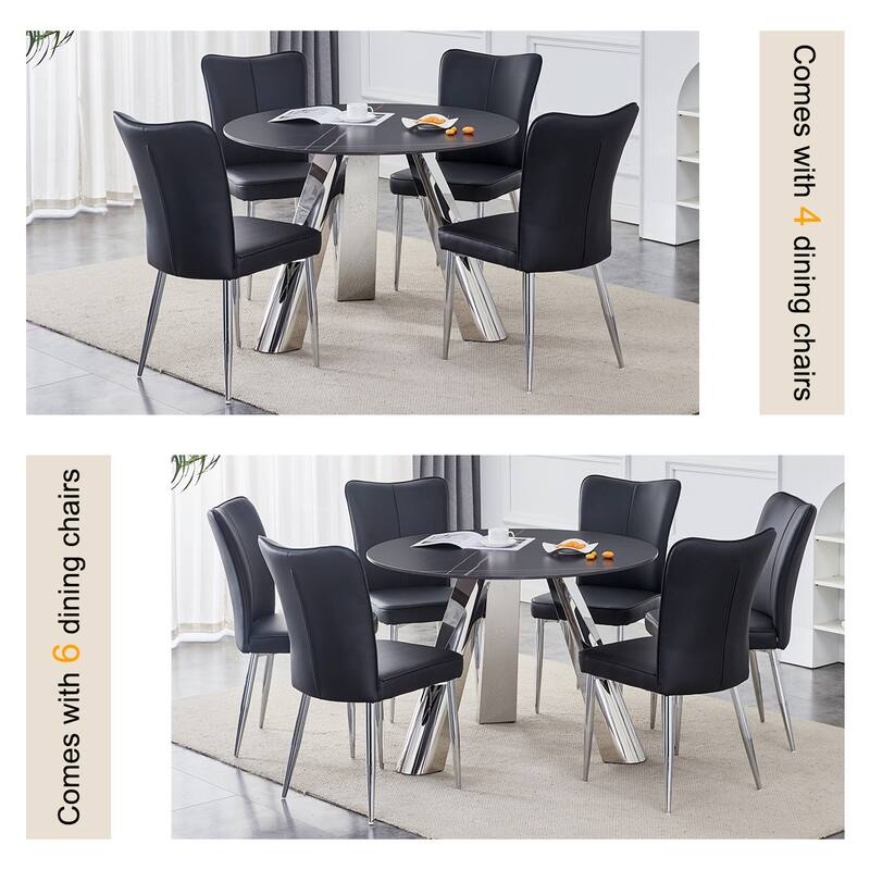 Roomfitters 42" Round Burn Stone Dining Table with Stainless Steel Legs, Seats 4 to 6, Black