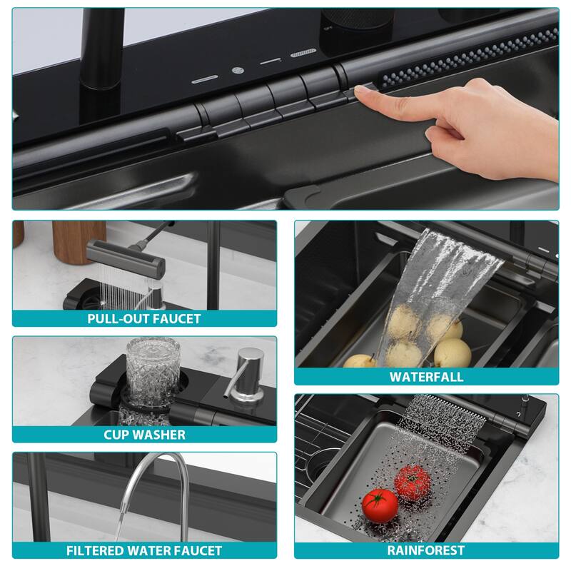 30" Drop-In 16 Gauge Single Bowl Stainless Steel Smart Digital Kitchen Sink with Faucet in Gunmetal Black - 30'' x 19'' x 9''