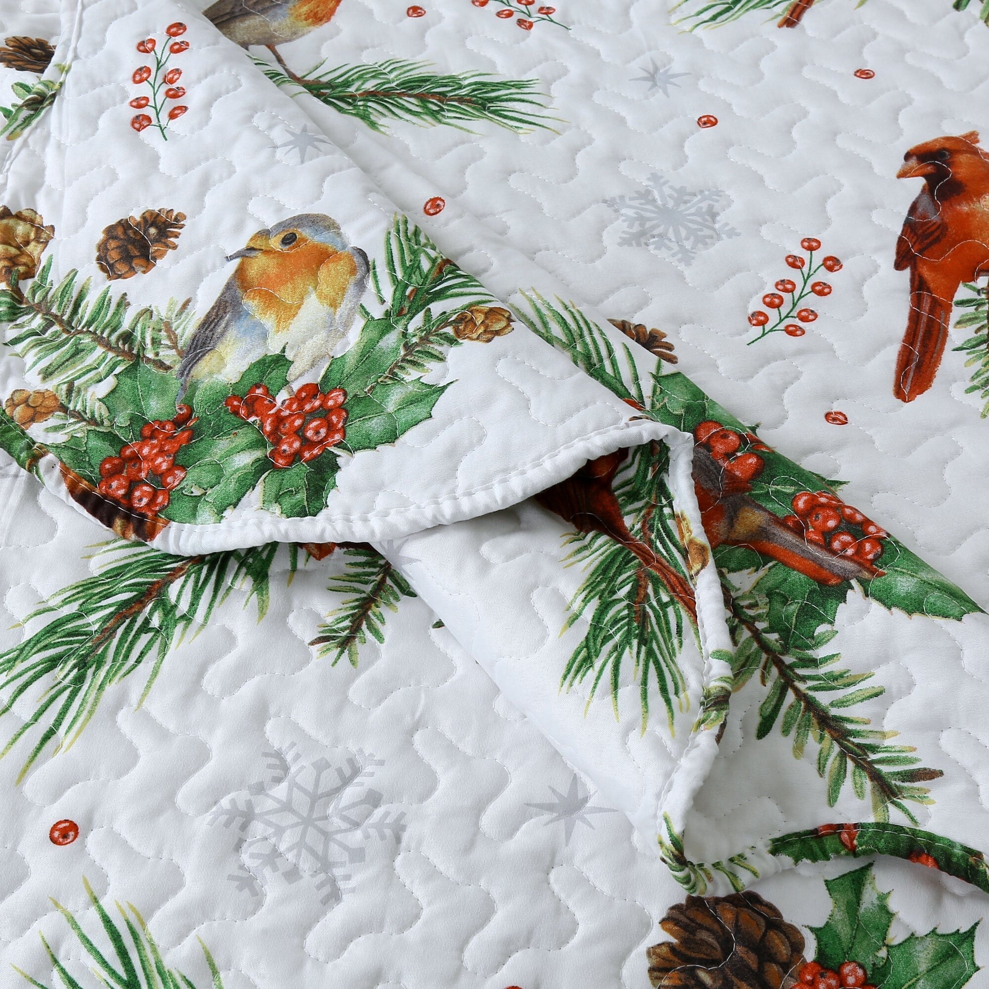 MarCielo 3 Pcs Winter Cardinals Christmas Quilt Bedspread Set C79